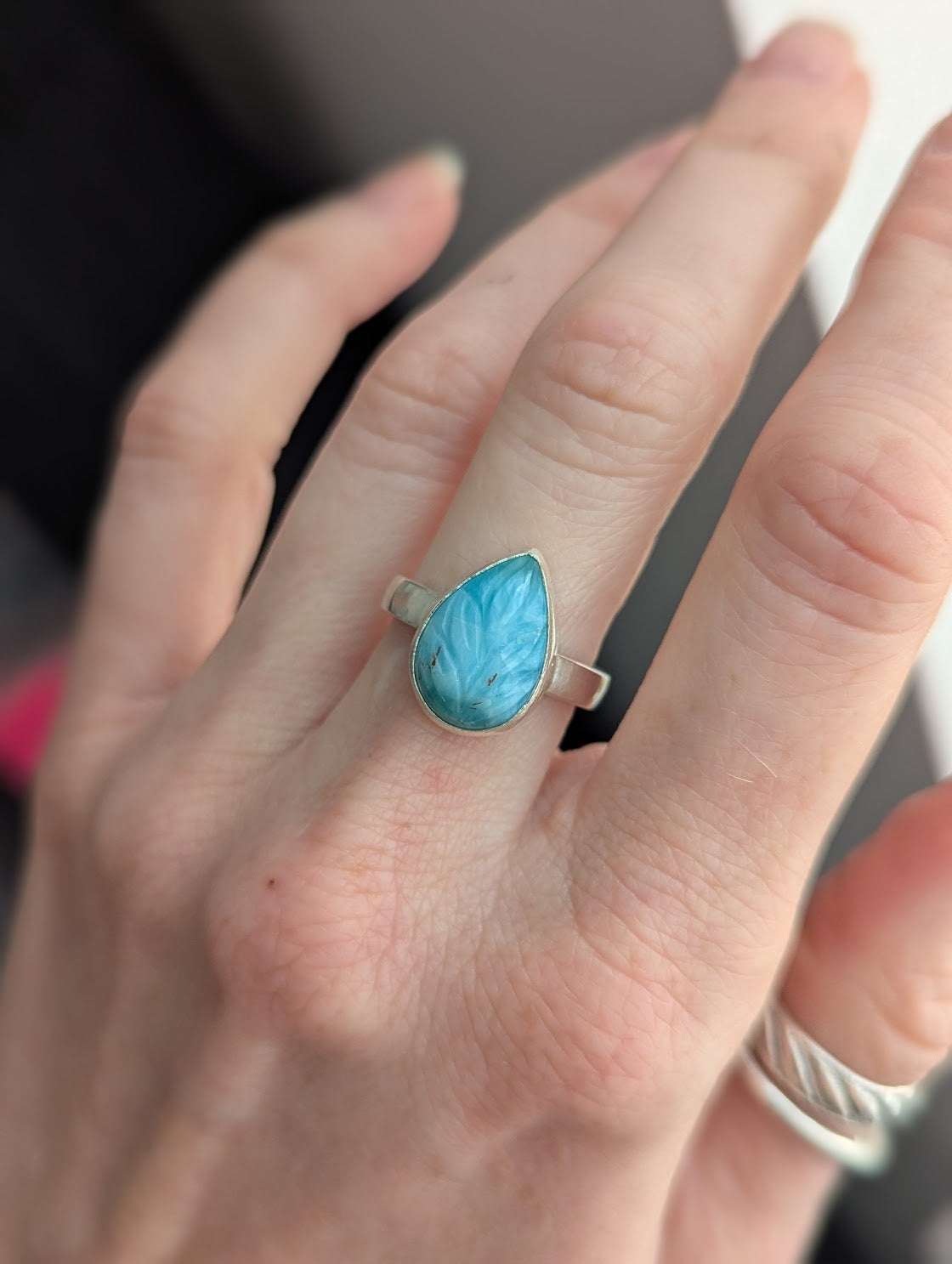 Carved Leafy Larimar Sterling Silver Ring - Size 6.5