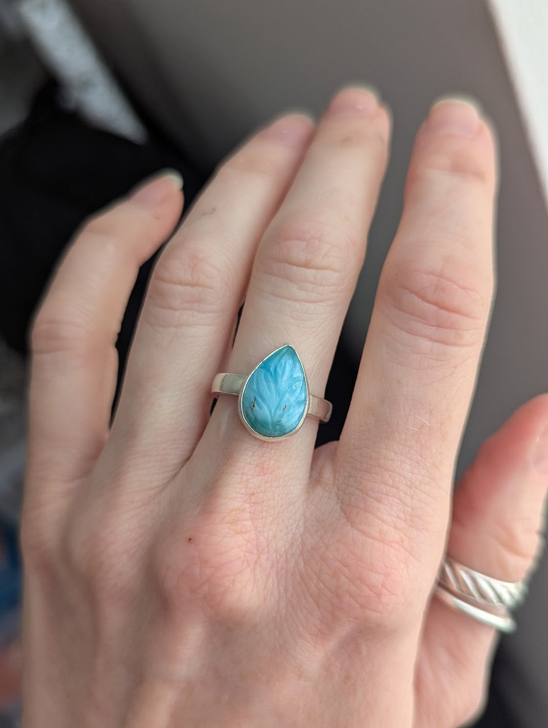 Carved Leafy Larimar Sterling Silver Ring - Size 6.5