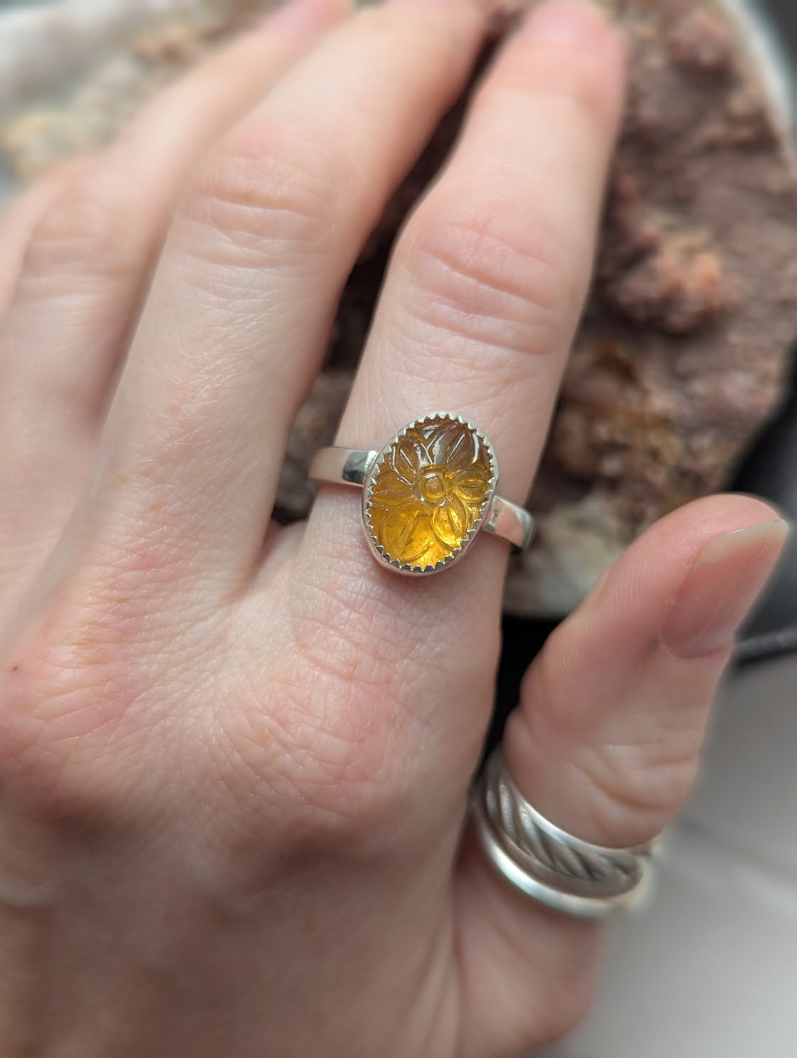 Carved Flower Citrine Oval Sterling Silver Ring - Size 8