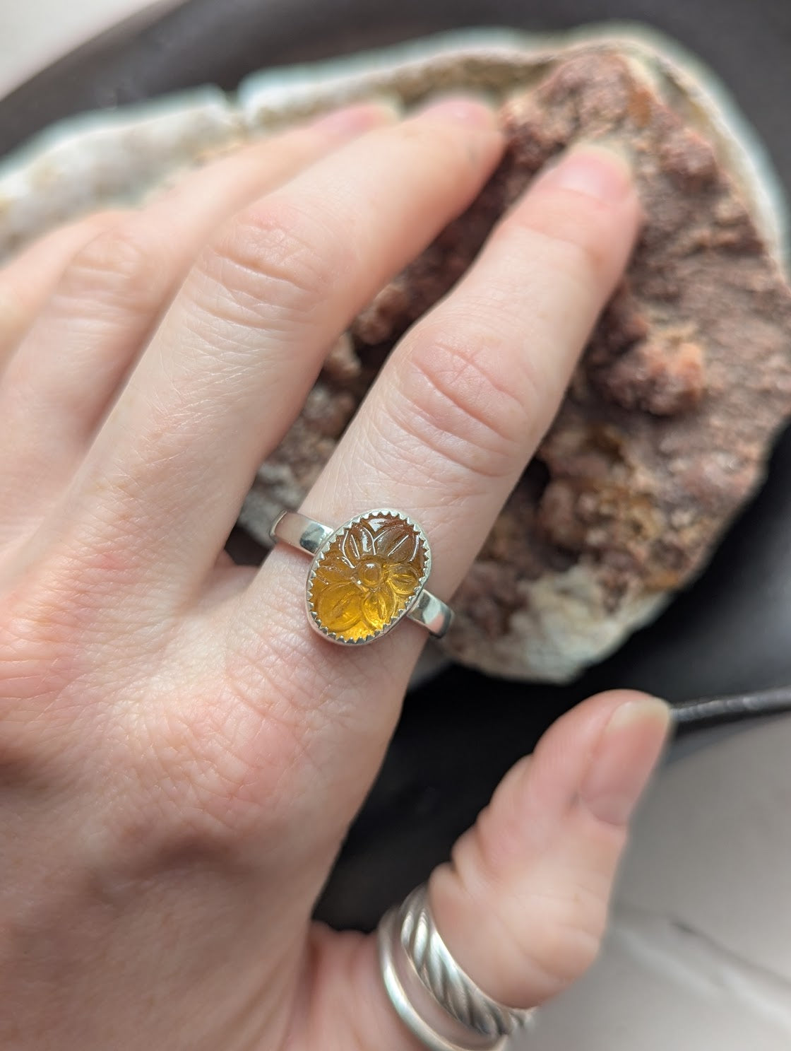 Carved Flower Citrine Oval Sterling Silver Ring - Size 8