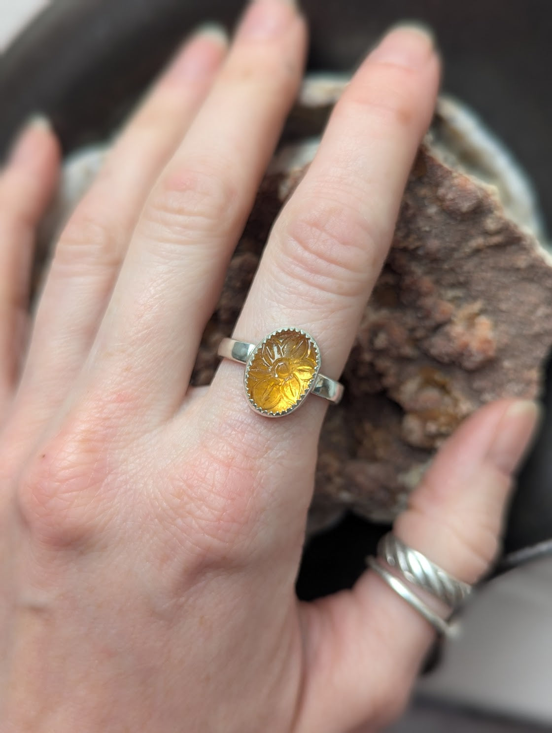 Carved Flower Citrine Oval Sterling Silver Ring - Size 8