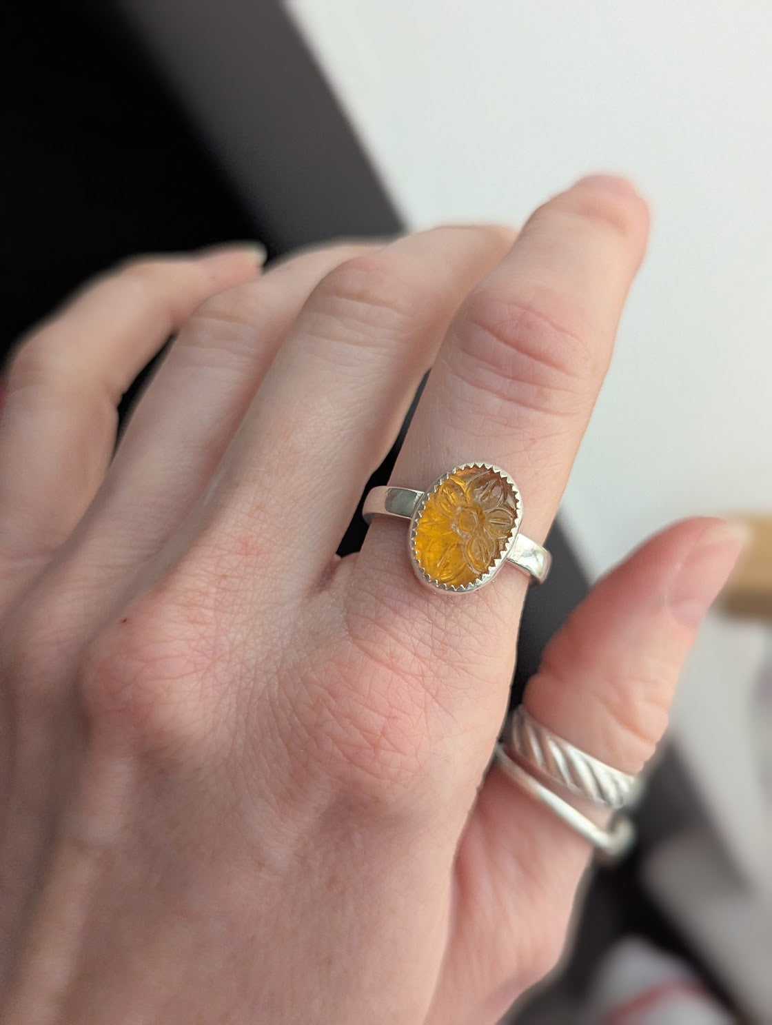 Carved Flower Citrine Oval Sterling Silver Ring - Size 8
