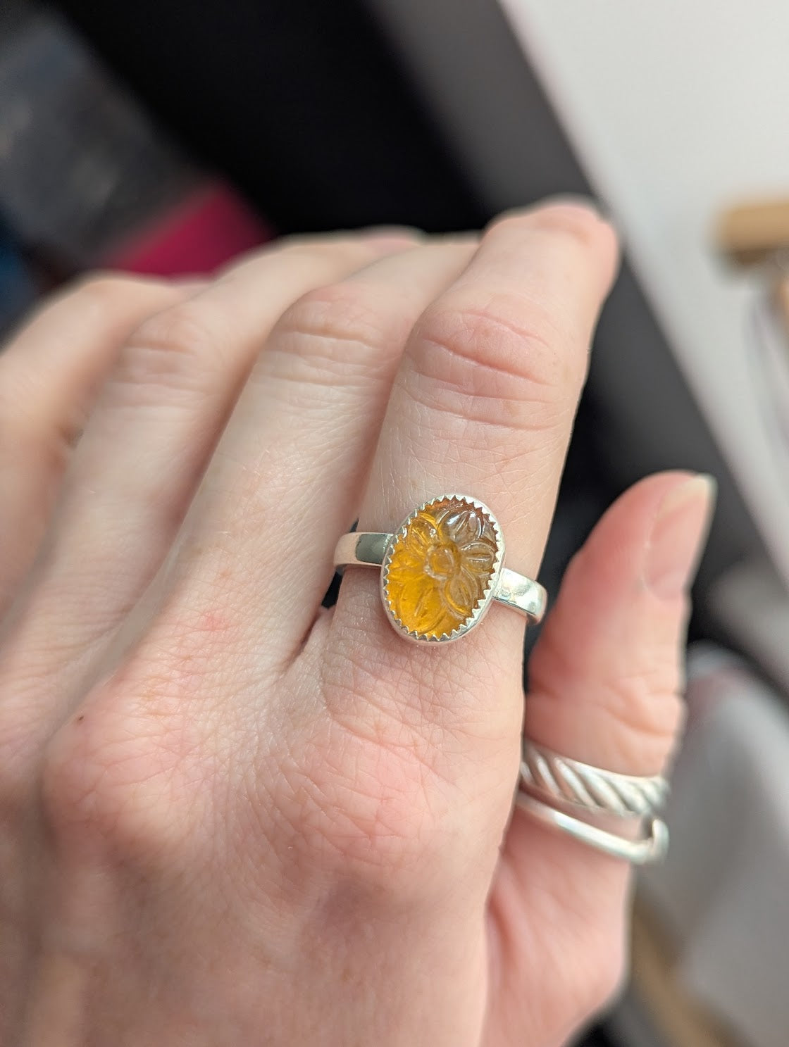 Carved Flower Citrine Oval Sterling Silver Ring - Size 8