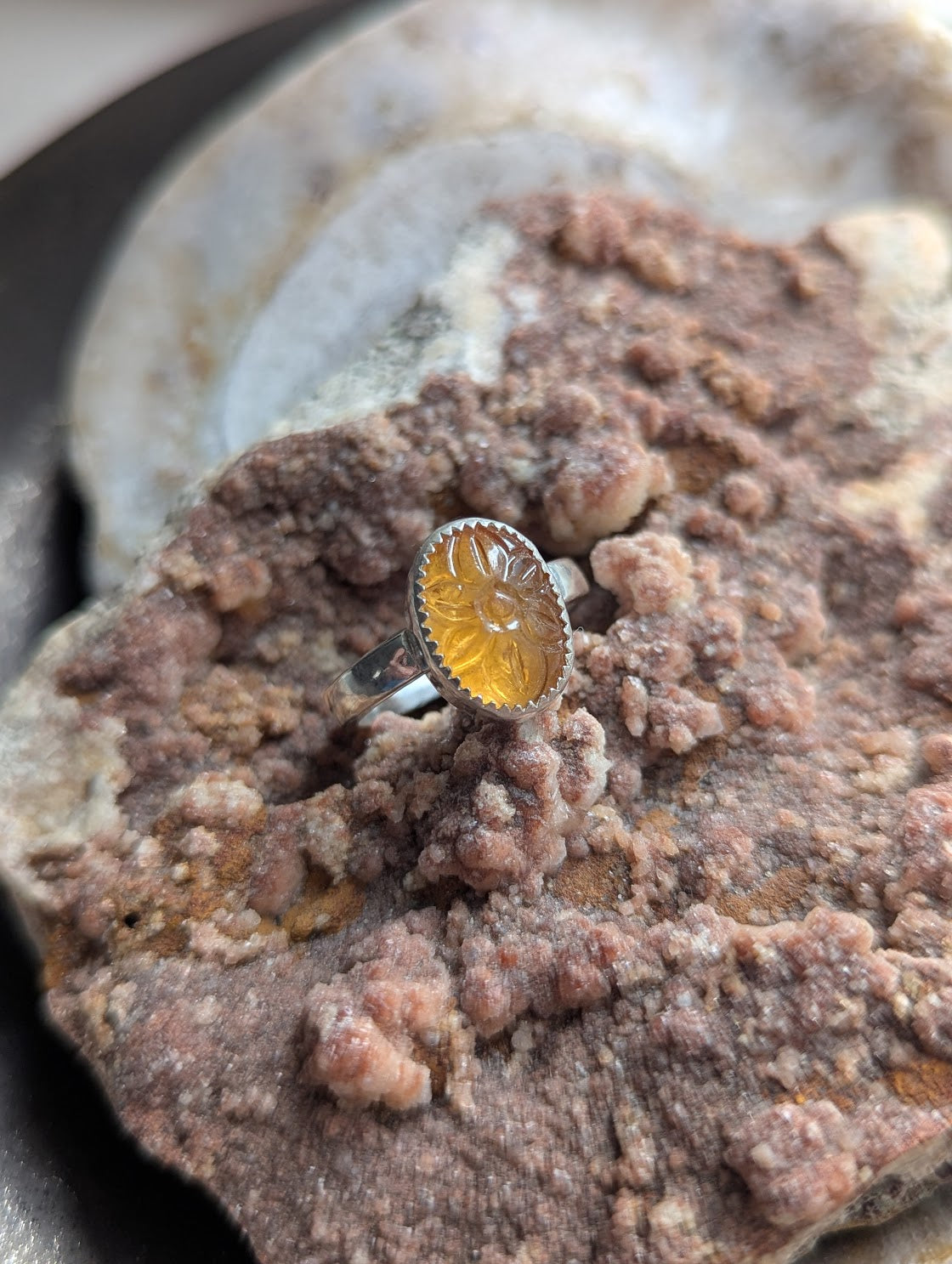 Carved Flower Citrine Oval Sterling Silver Ring - Size 8