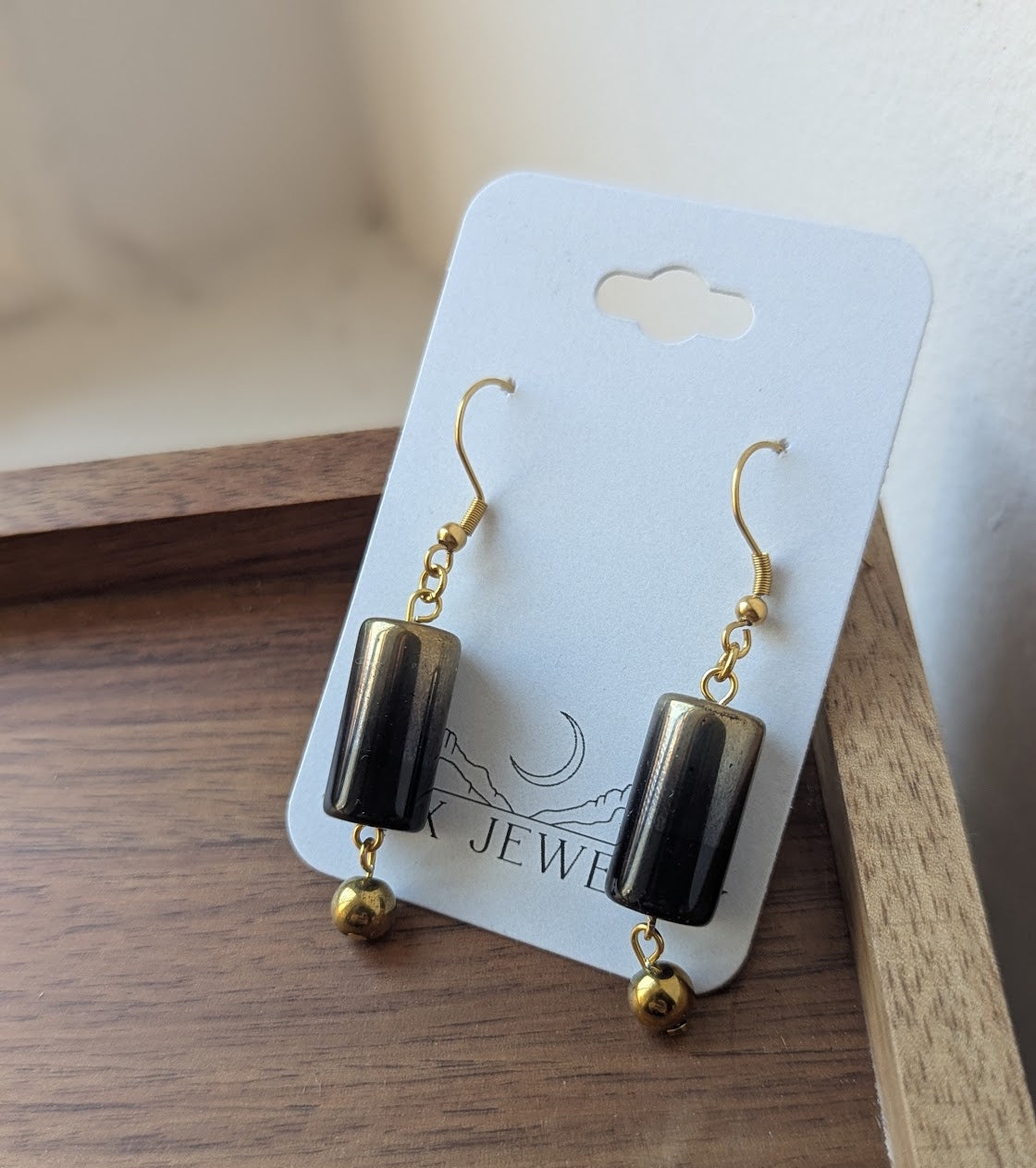 Black and Gold Hematite Drop Earrings