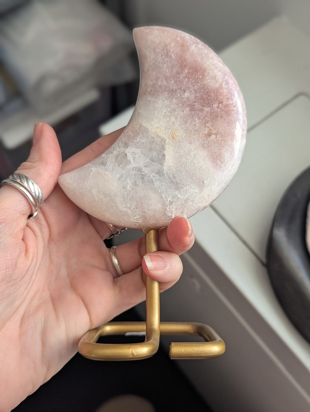 Purple Pink Amethyst Crescent Moon Stand