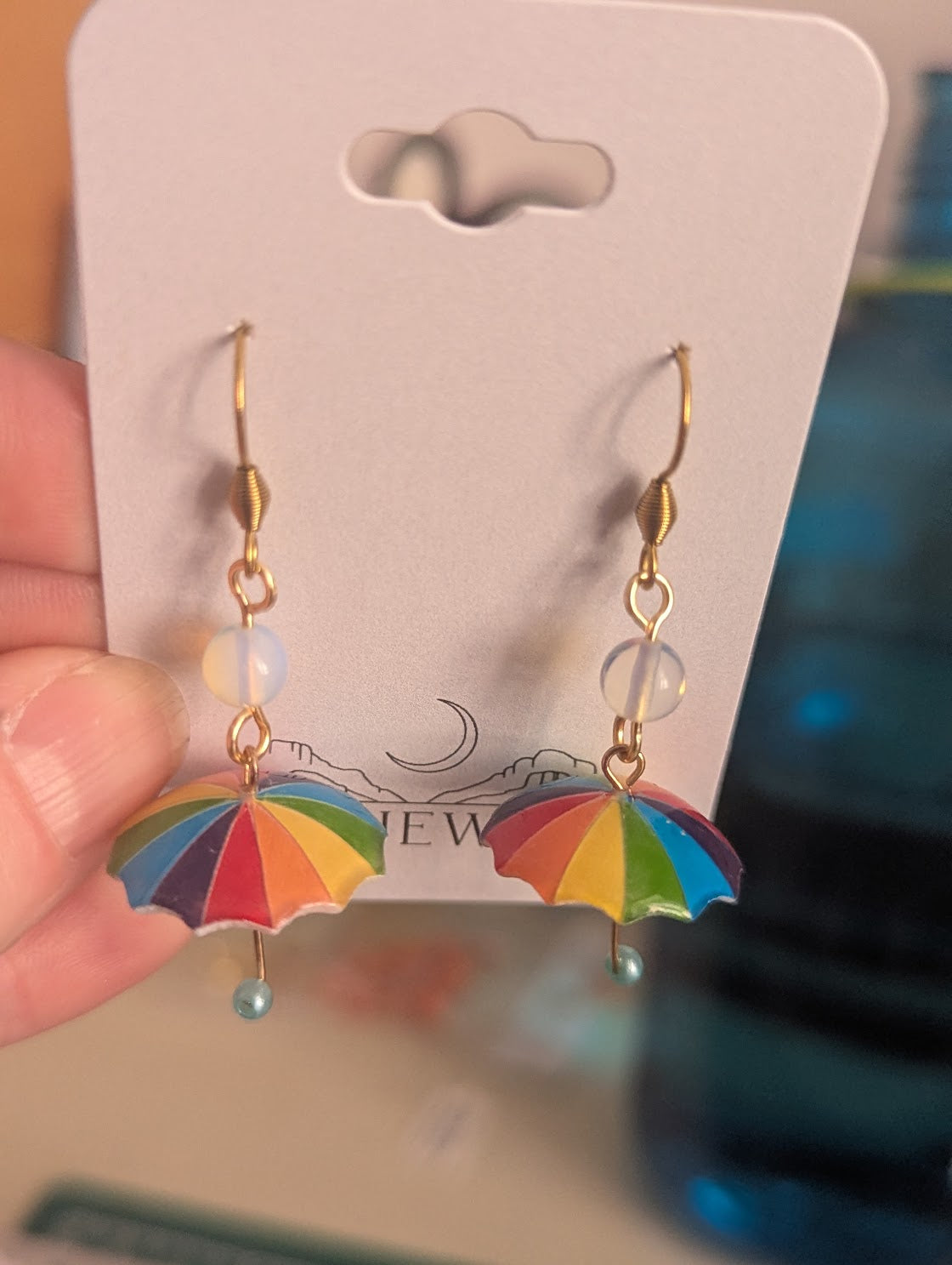 Rainbow Umbrella Drop Earrings (Silver or Gold)