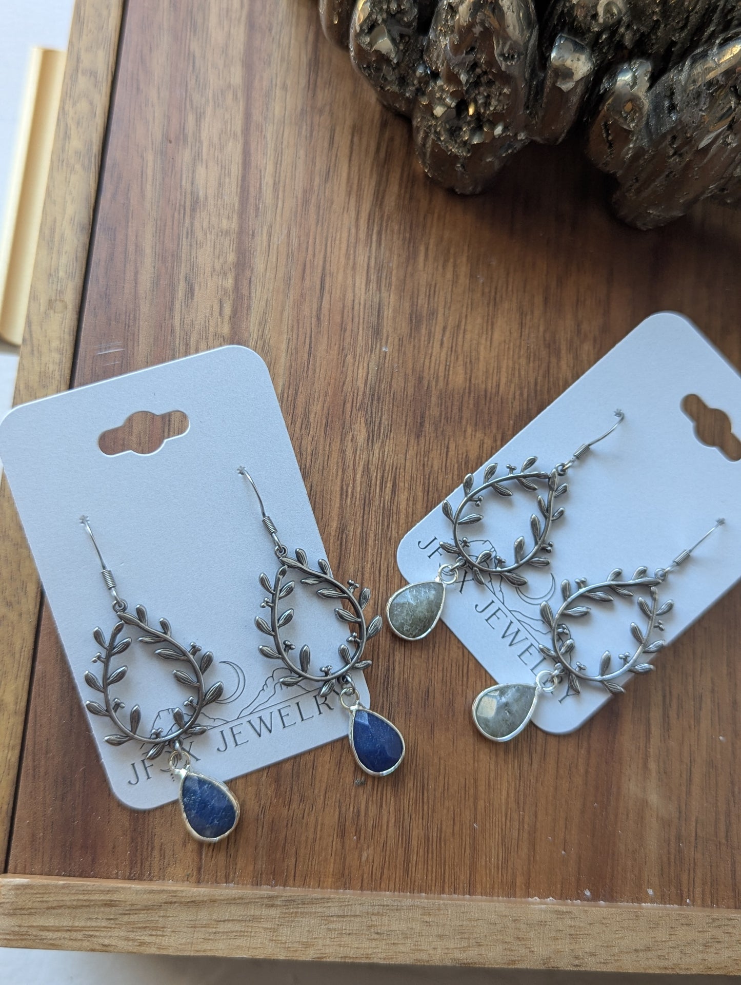 Silver Laurel Wreath Tear Drop Earrings (Labradorite or Lapis Lazuli)
