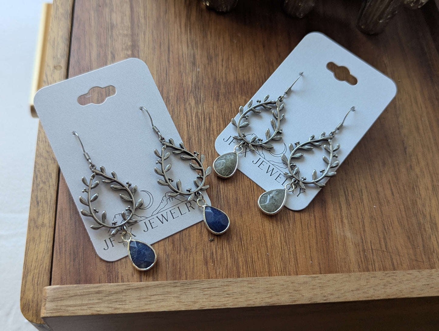 Silver Laurel Wreath Tear Drop Earrings (Labradorite or Lapis Lazuli)