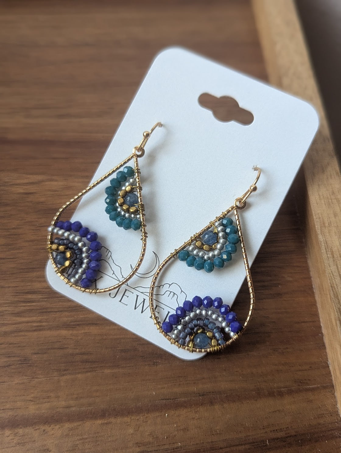 Dark Blue Beaded Flower Earrings