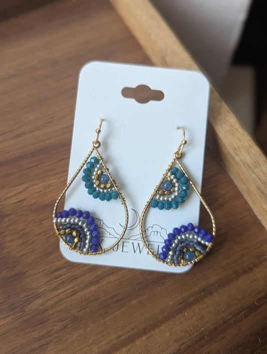 Dark Blue Beaded Flower Earrings
