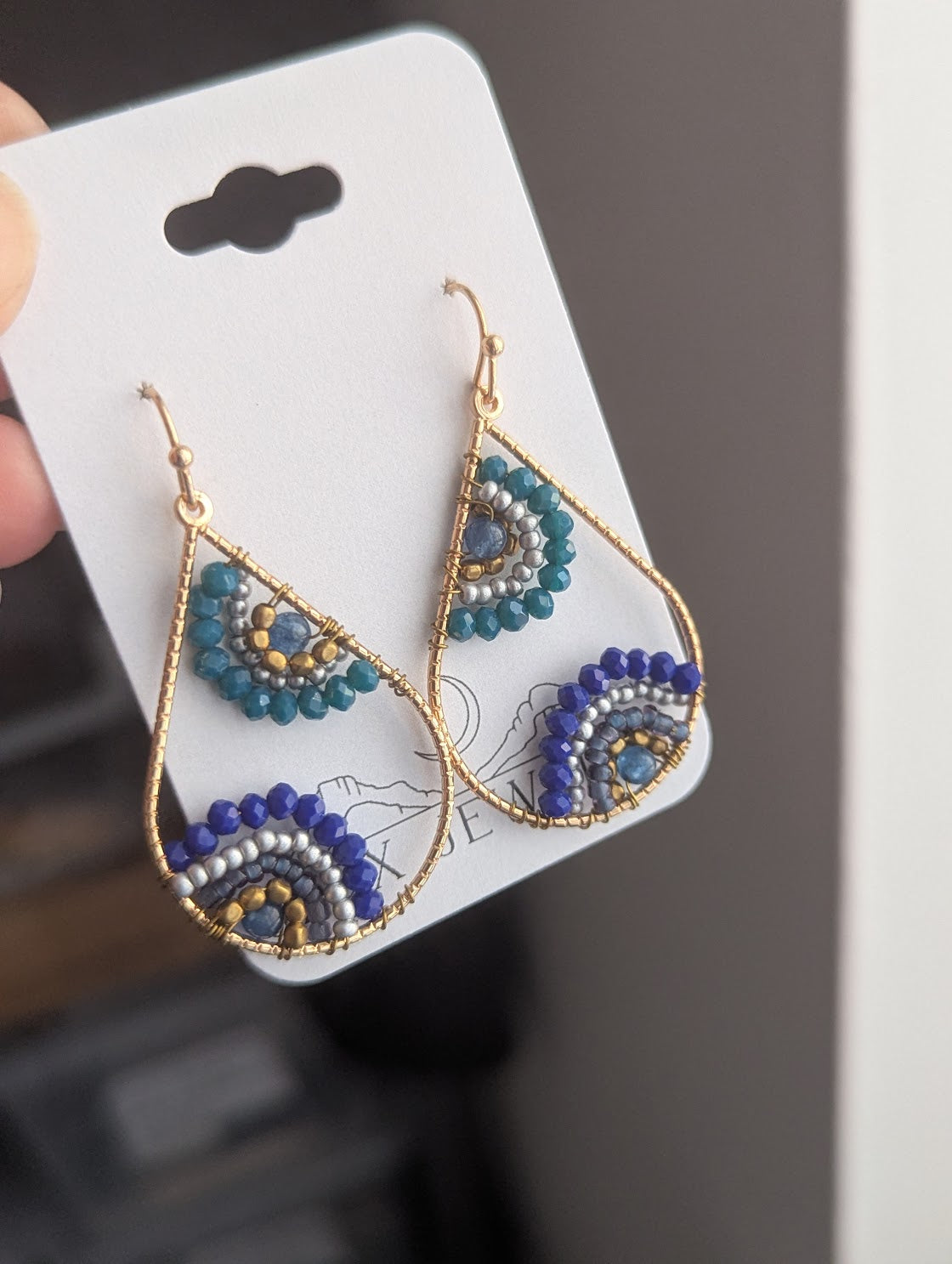 Dark Blue Beaded Flower Earrings