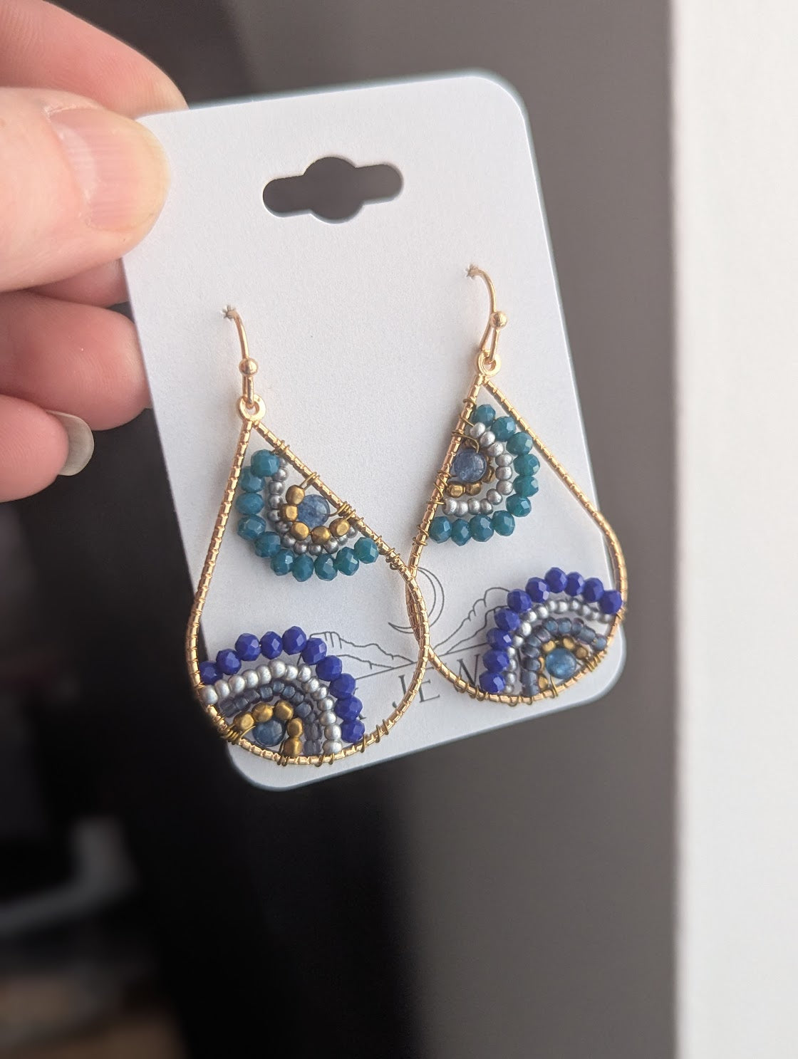 Dark Blue Beaded Flower Earrings