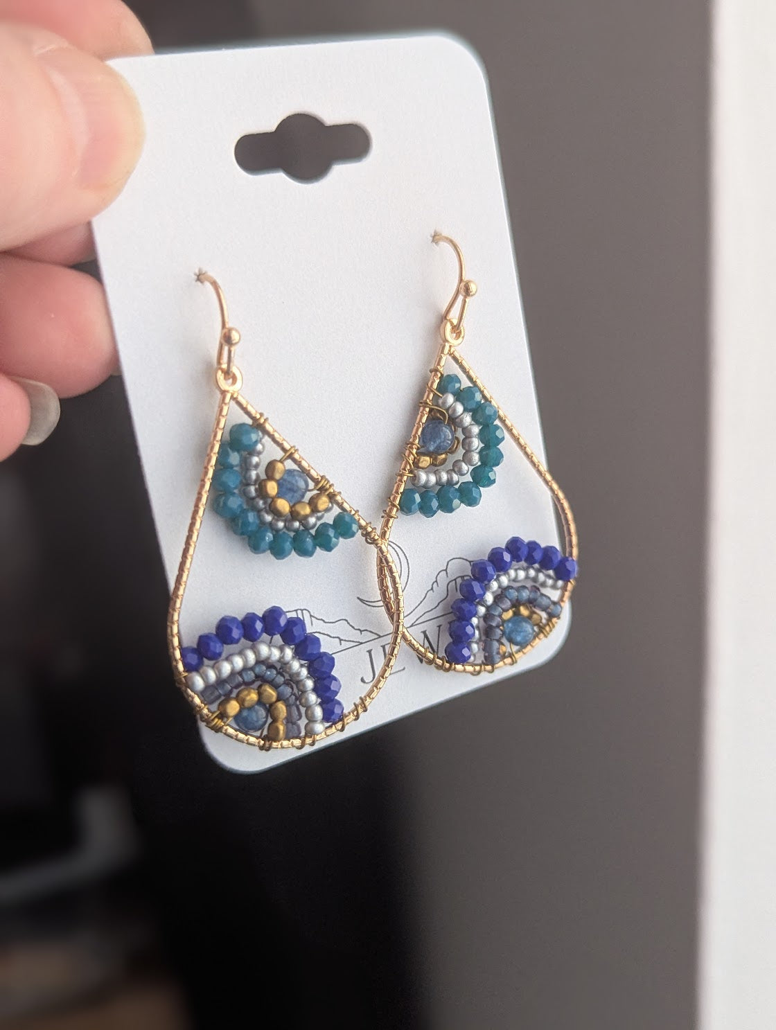 Dark Blue Beaded Flower Earrings