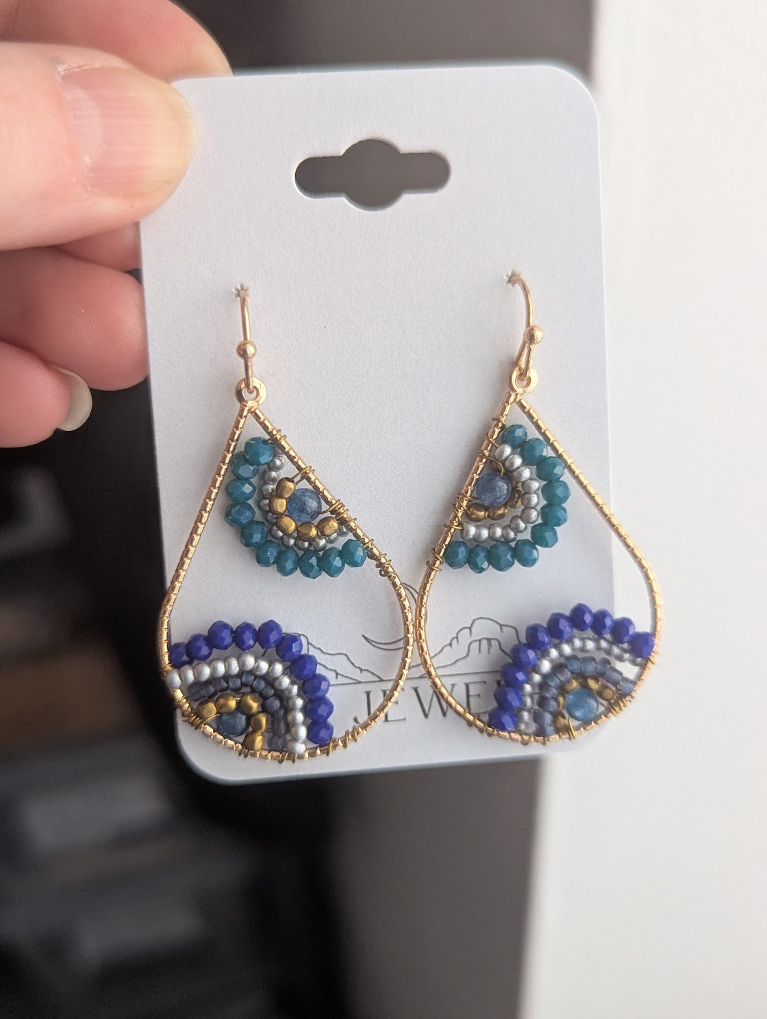 Dark Blue Beaded Flower Earrings