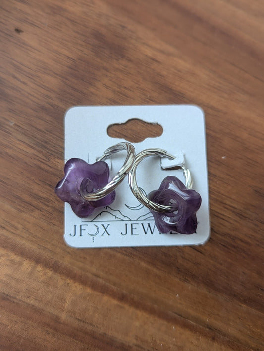 Amethyst Flower Silver Hoops
