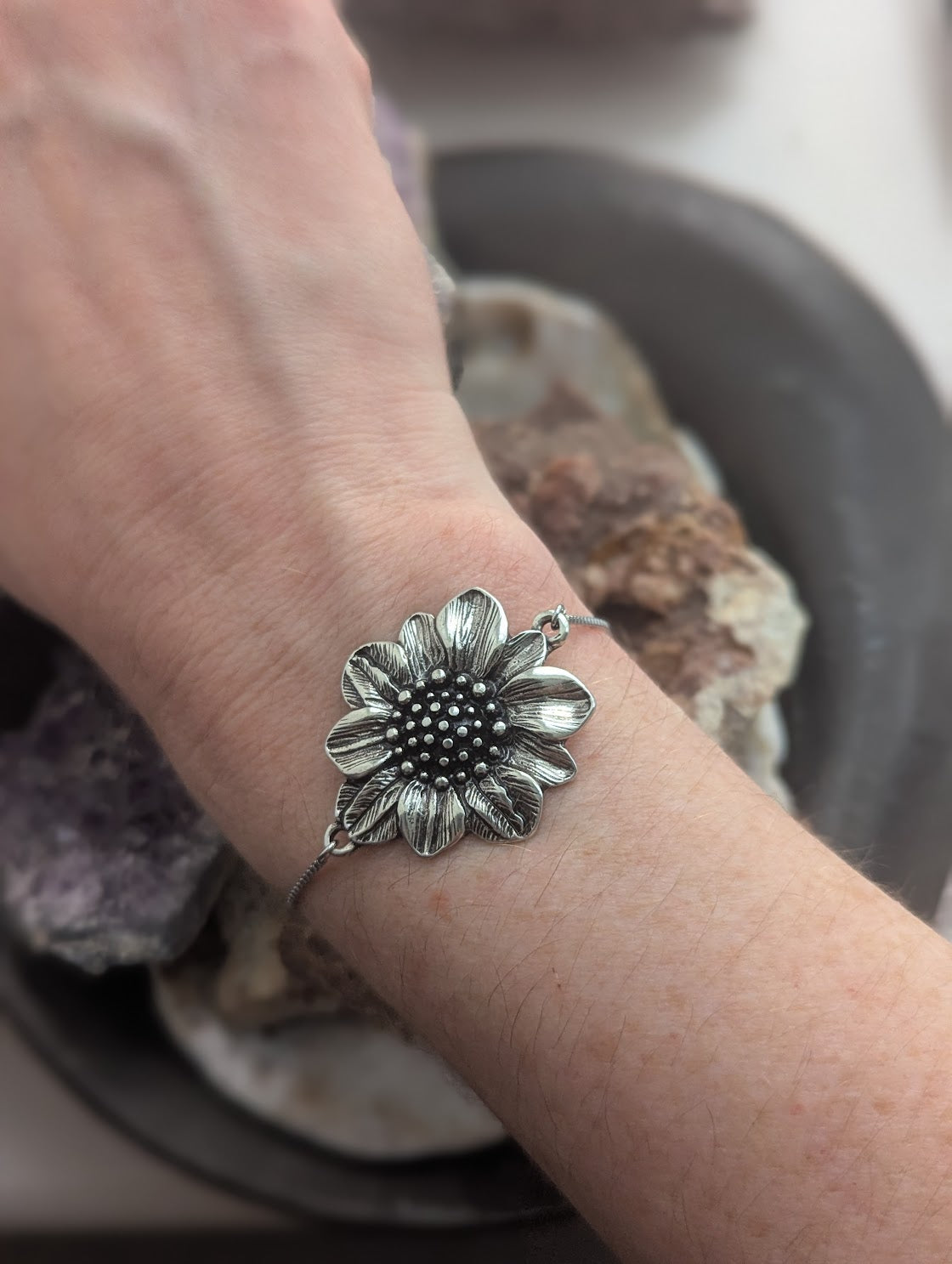 Large Silver Flower Silver Slider Bracelet