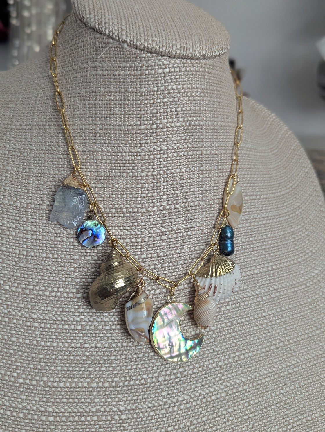 Moon Mermaid Shell Beachy Vibes Gold Charm Necklace