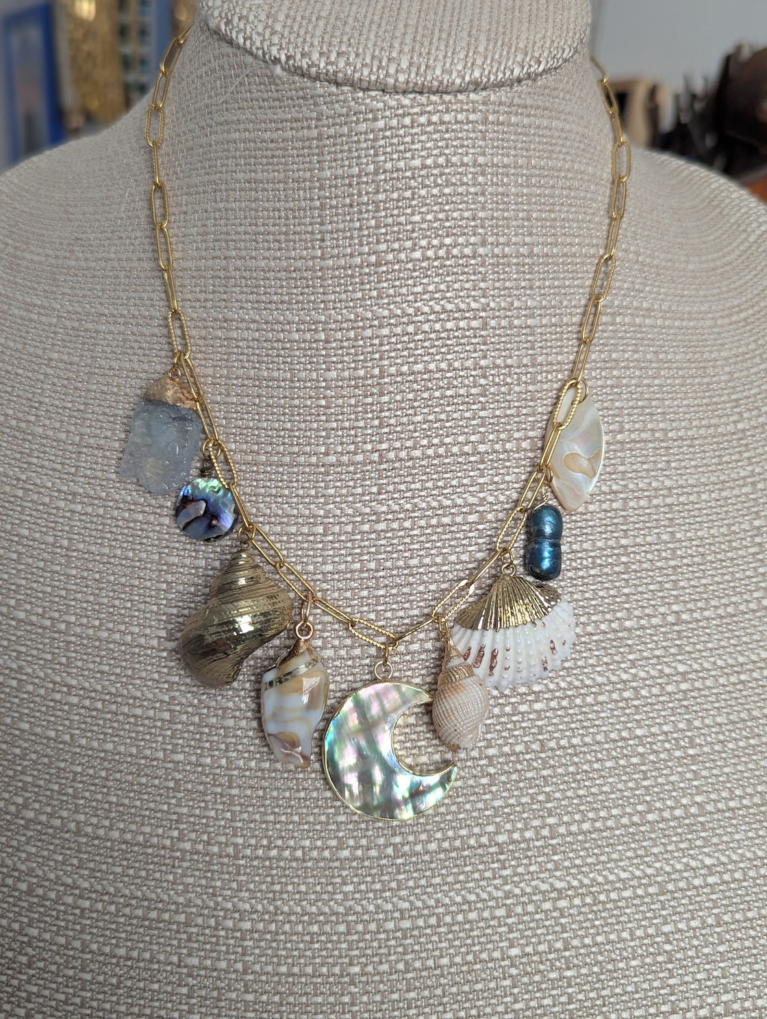 Moon Mermaid Shell Beachy Vibes Gold Charm Necklace