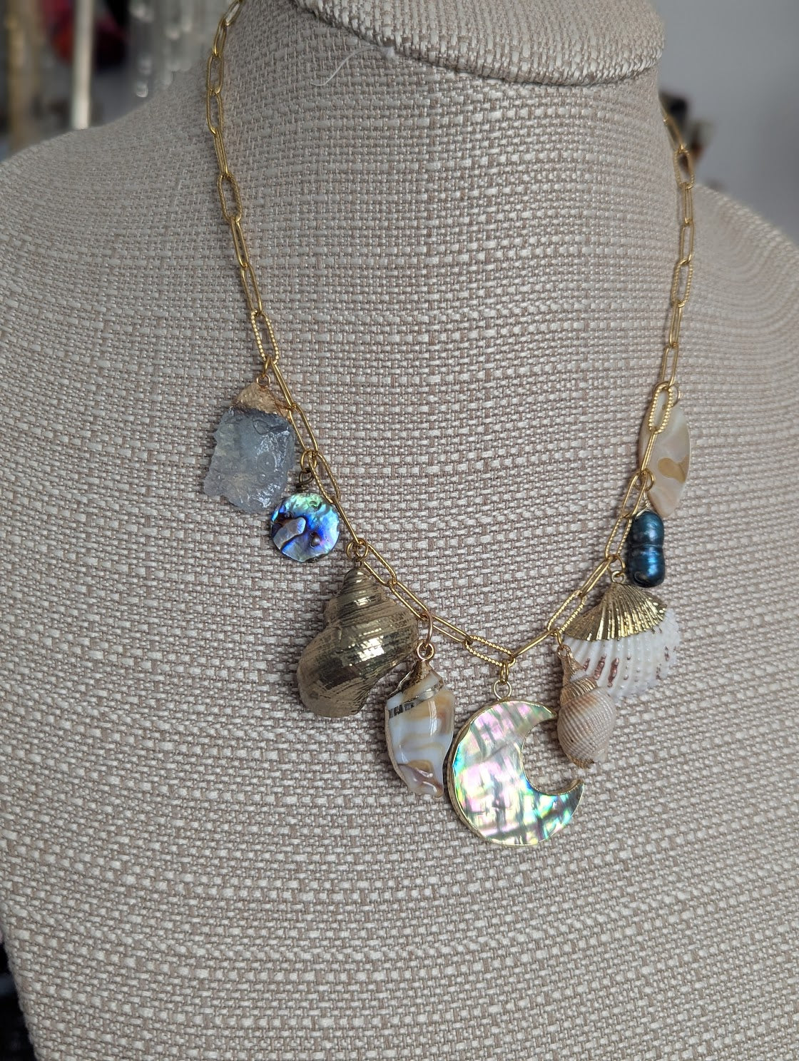 Moon Mermaid Shell Beachy Vibes Gold Charm Necklace