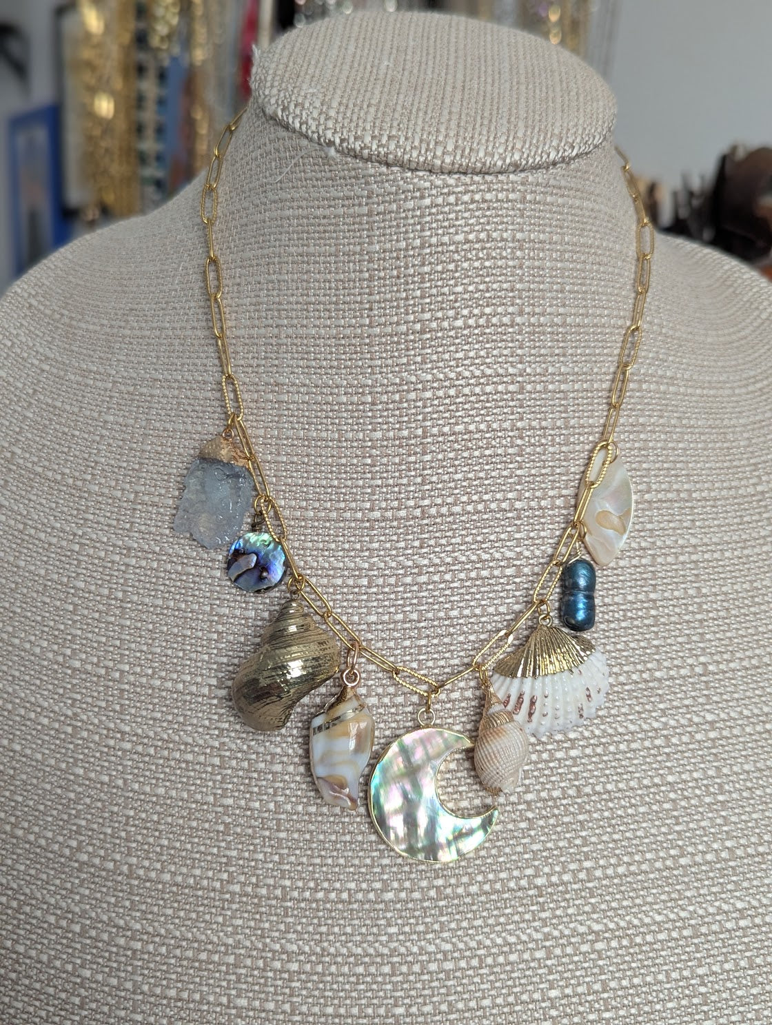Moon Mermaid Shell Beachy Vibes Gold Charm Necklace