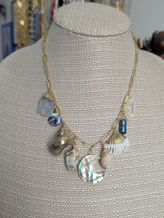 Moon Mermaid Shell Beachy Vibes Gold Charm Necklace