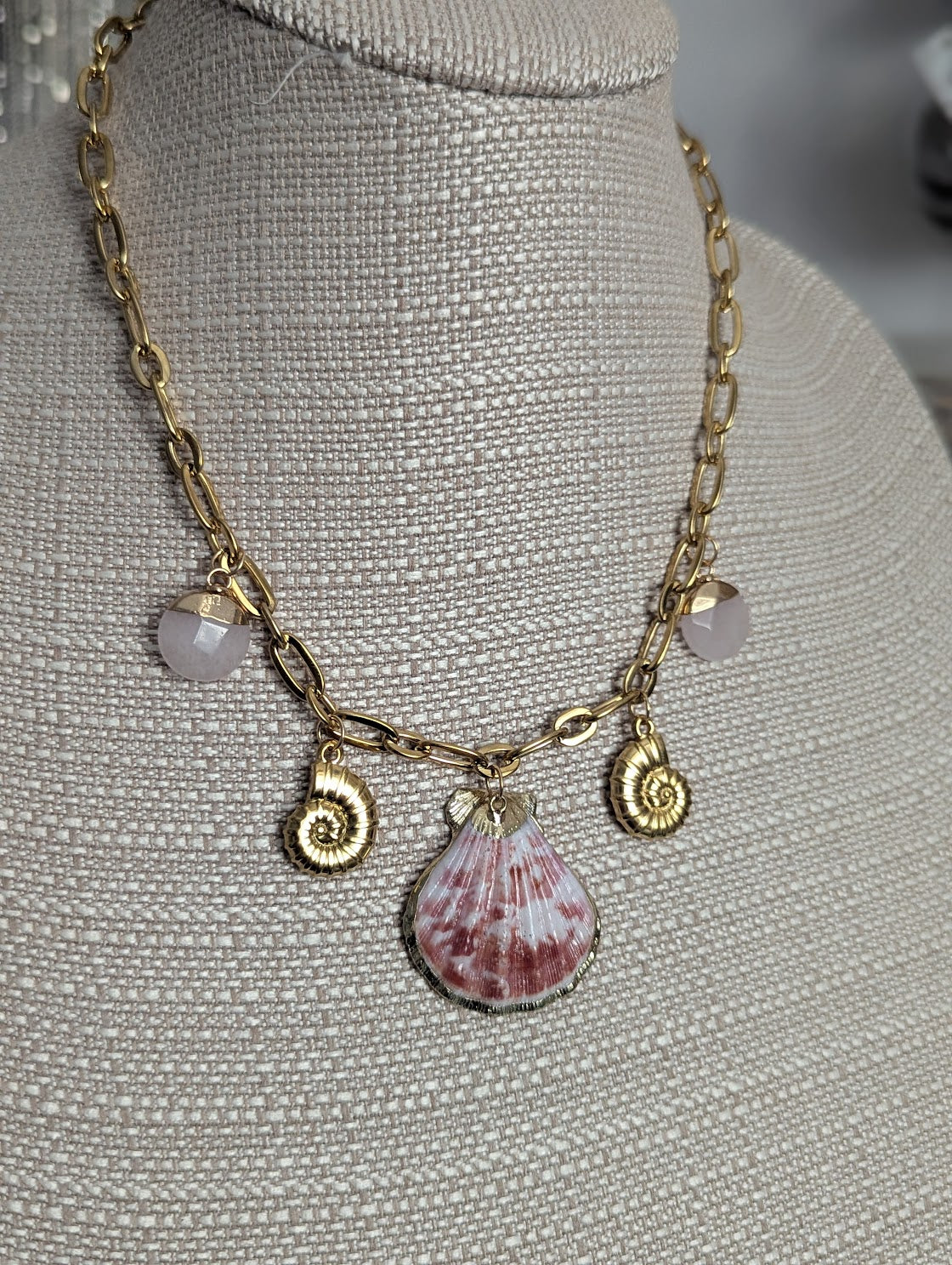 Shell Rose Quartz Beachy Gold Charm Necklace