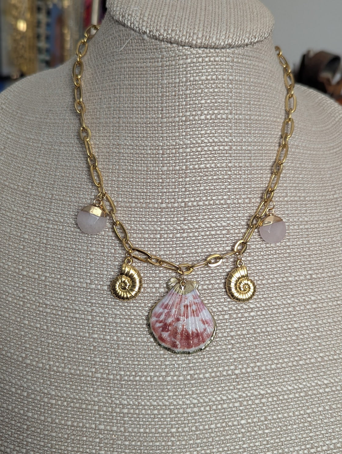 Shell Rose Quartz Beachy Gold Charm Necklace