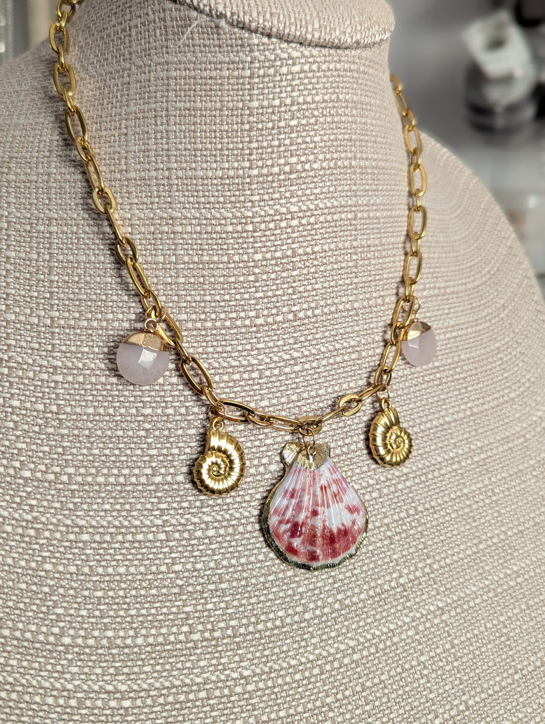 Shell Rose Quartz Beachy Gold Charm Necklace