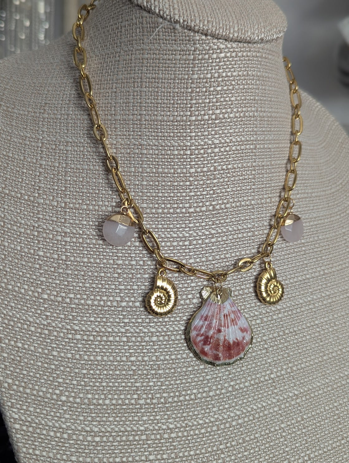 Shell Rose Quartz Beachy Gold Charm Necklace