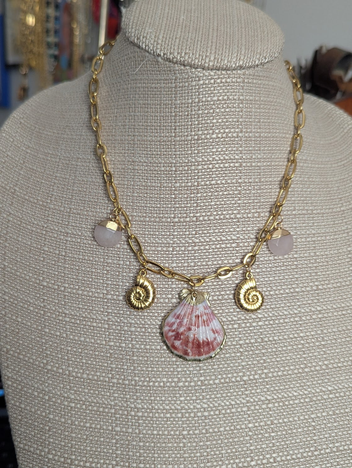 Shell Rose Quartz Beachy Gold Charm Necklace