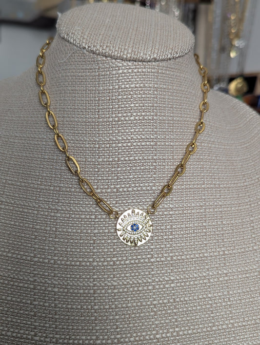 CZ Crystal Evil Eye Chunky Gold Necklace