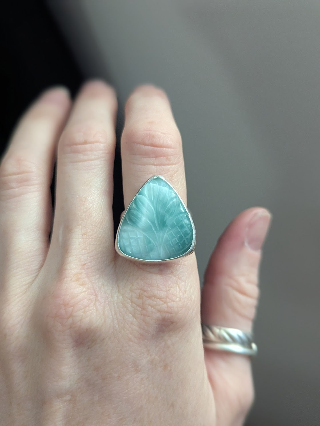 Carved Tropical Hemimorphite Tear Drop Sterling Silver Ring - Size 7.5