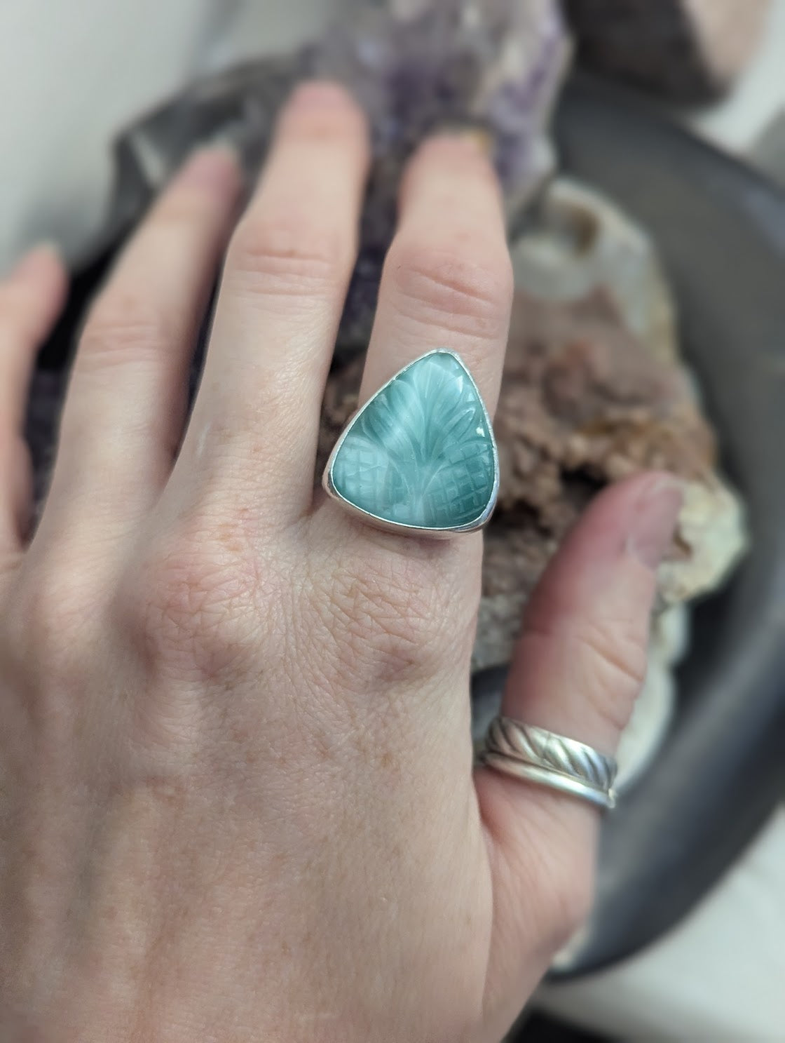 Carved Tropical Hemimorphite Tear Drop Sterling Silver Ring - Size 7.5