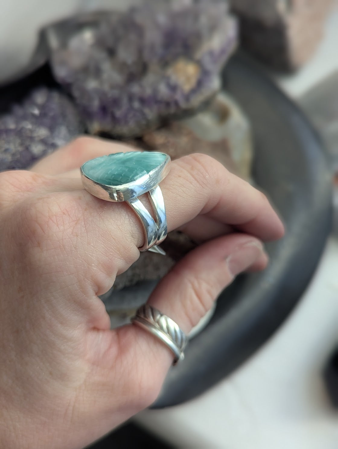 Carved Tropical Hemimorphite Tear Drop Sterling Silver Ring - Size 7.5