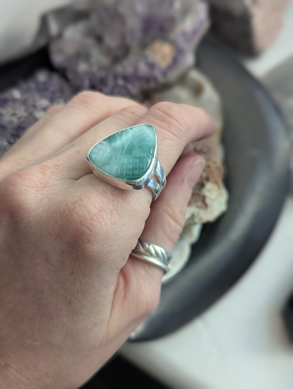 Carved Tropical Hemimorphite Tear Drop Sterling Silver Ring - Size 7.5