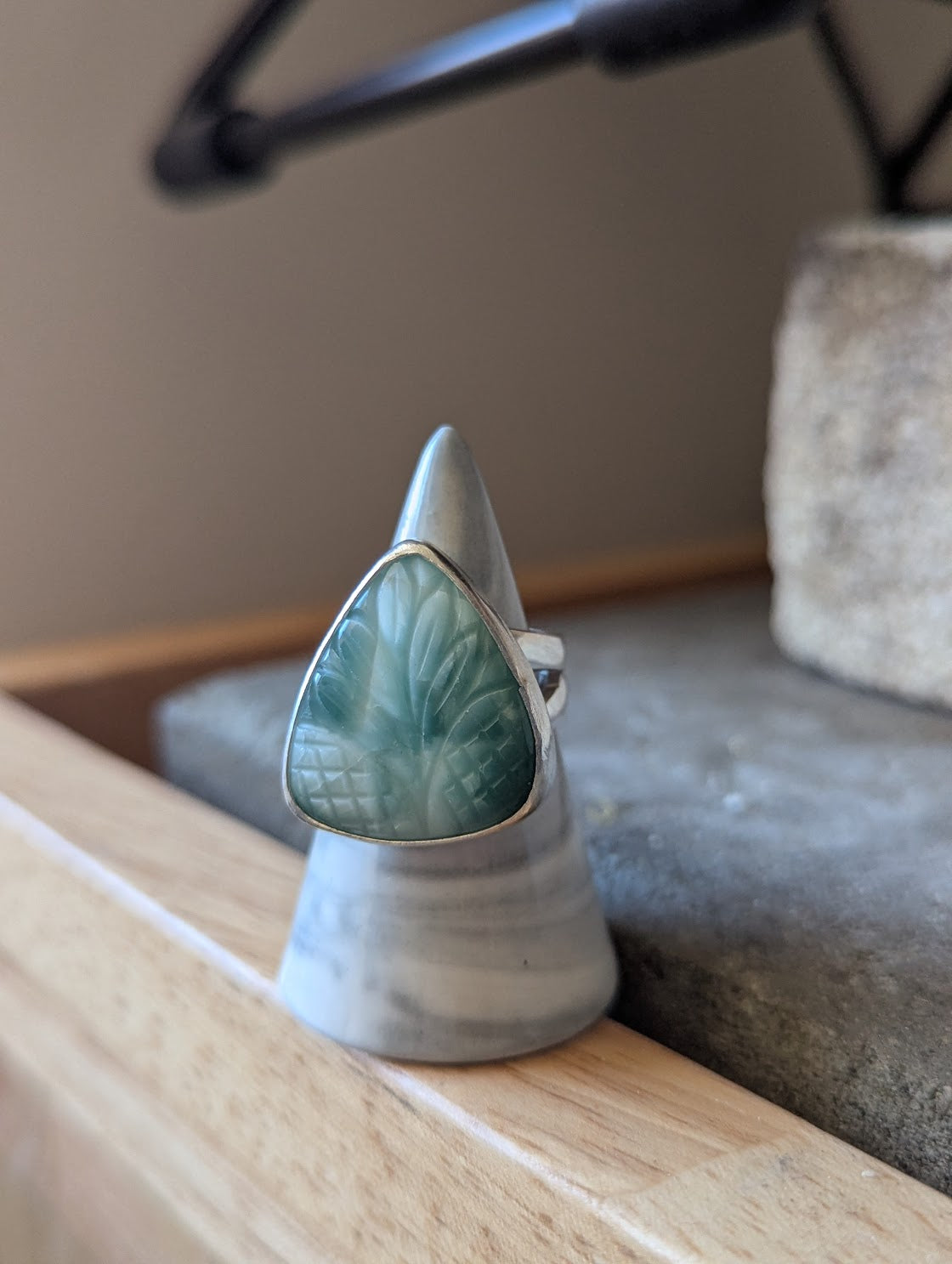 Carved Tropical Hemimorphite Tear Drop Sterling Silver Ring - Size 7.5