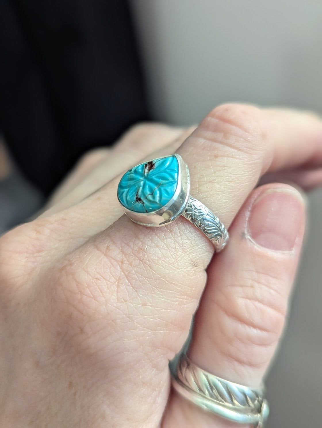 Carved Floral Turquoise Tear Drop Sterling Silver Ring - SIze 8