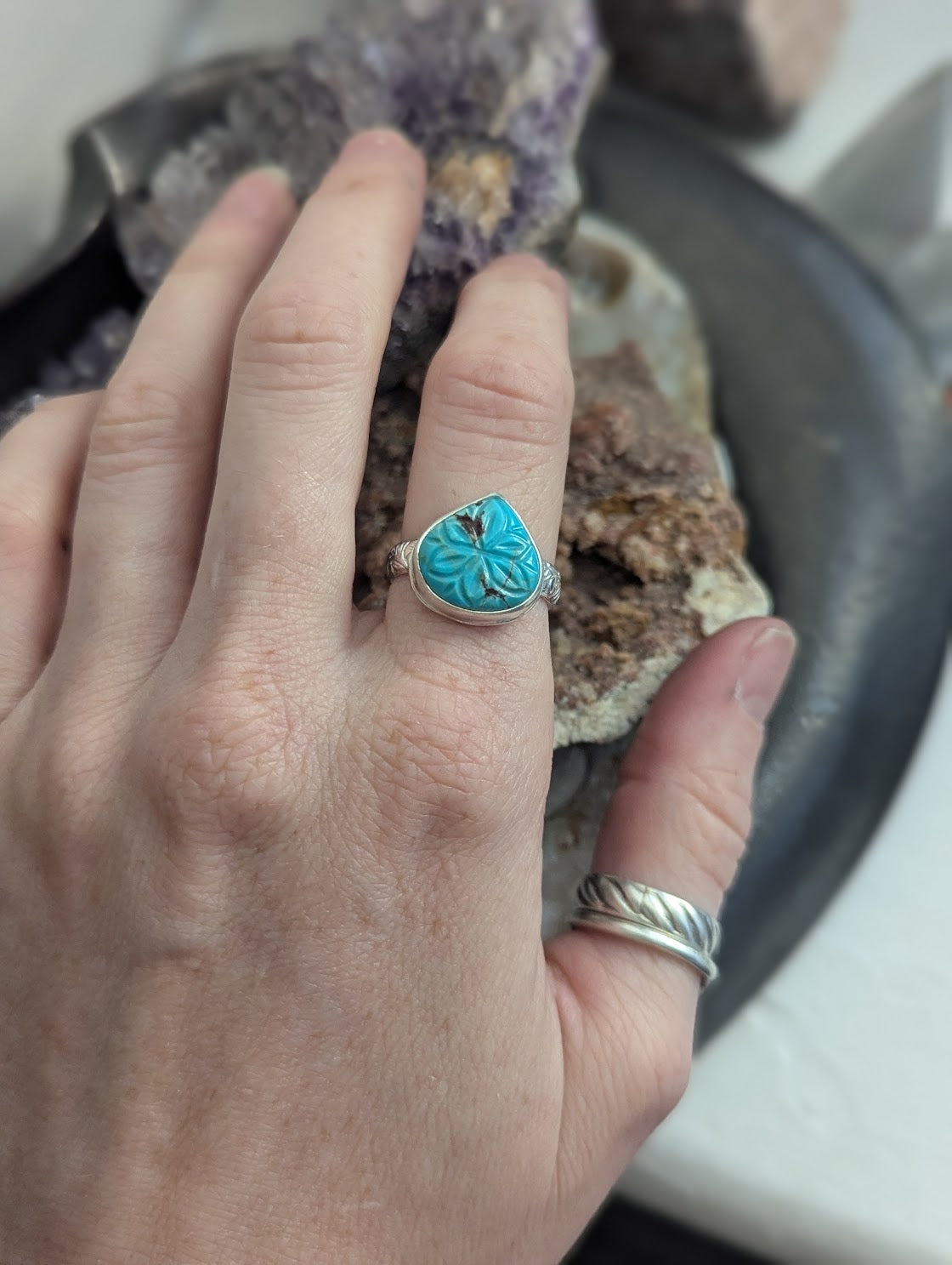 Carved Floral Turquoise Tear Drop Sterling Silver Ring - SIze 8