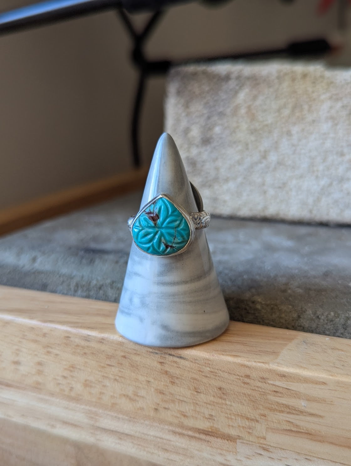 Carved Floral Turquoise Tear Drop Sterling Silver Ring - SIze 8
