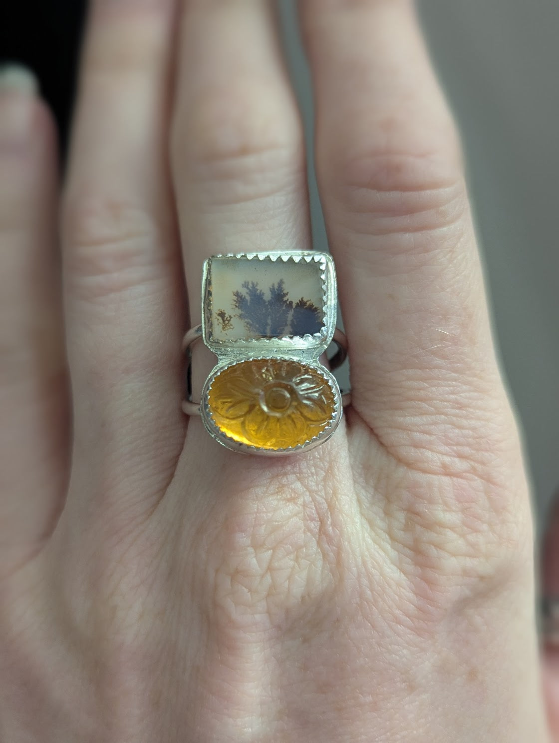 Dendritic Agate and Carved Citrine Duo Sterling Silver - Size 8.5