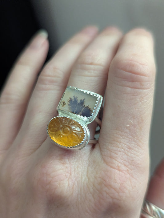 Dendritic Agate and Carved Citrine Duo Sterling Silver - Size 8.5