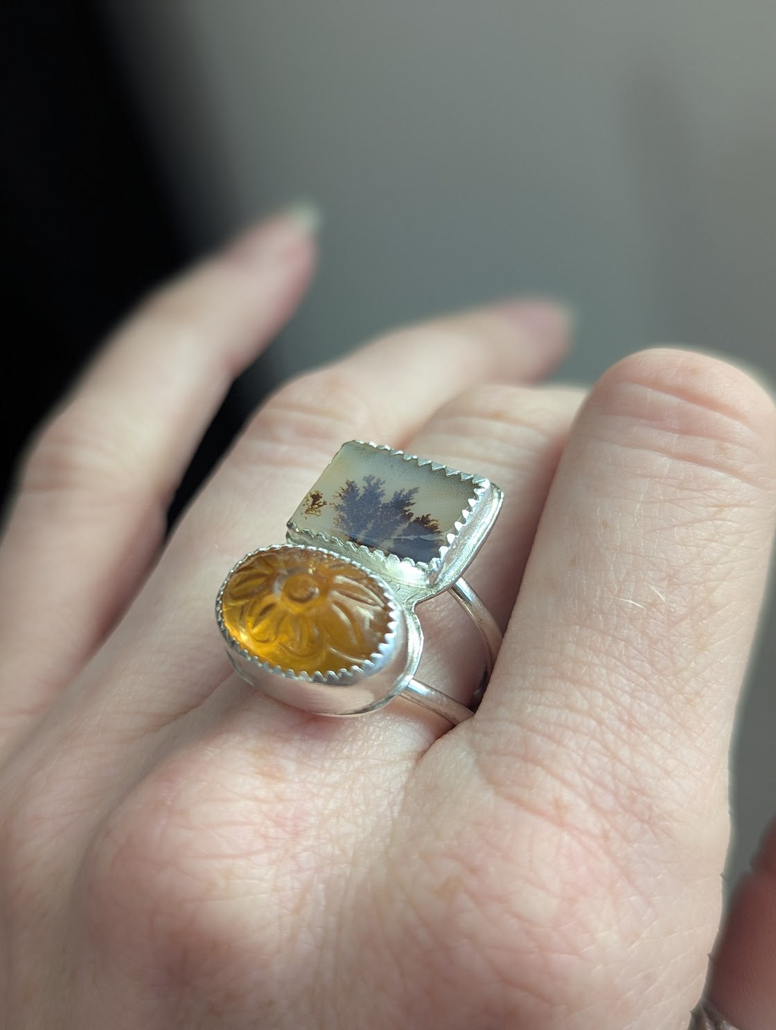 Dendritic Agate and Carved Citrine Duo Sterling Silver - Size 8.5