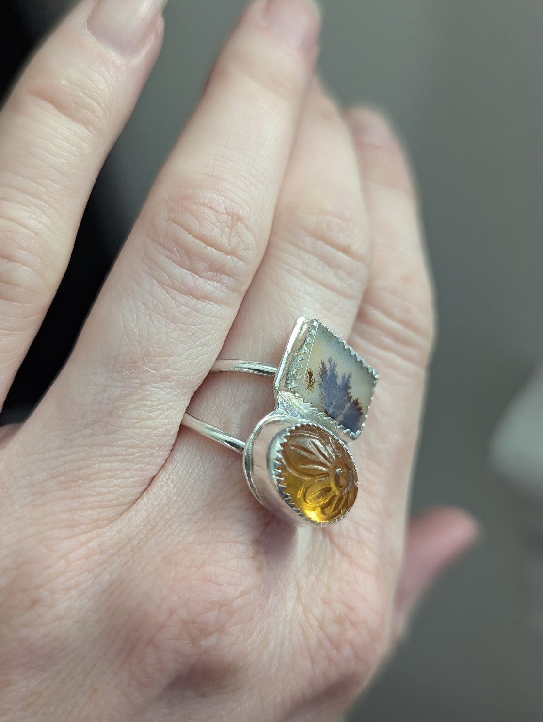 Dendritic Agate and Carved Citrine Duo Sterling Silver - Size 8.5