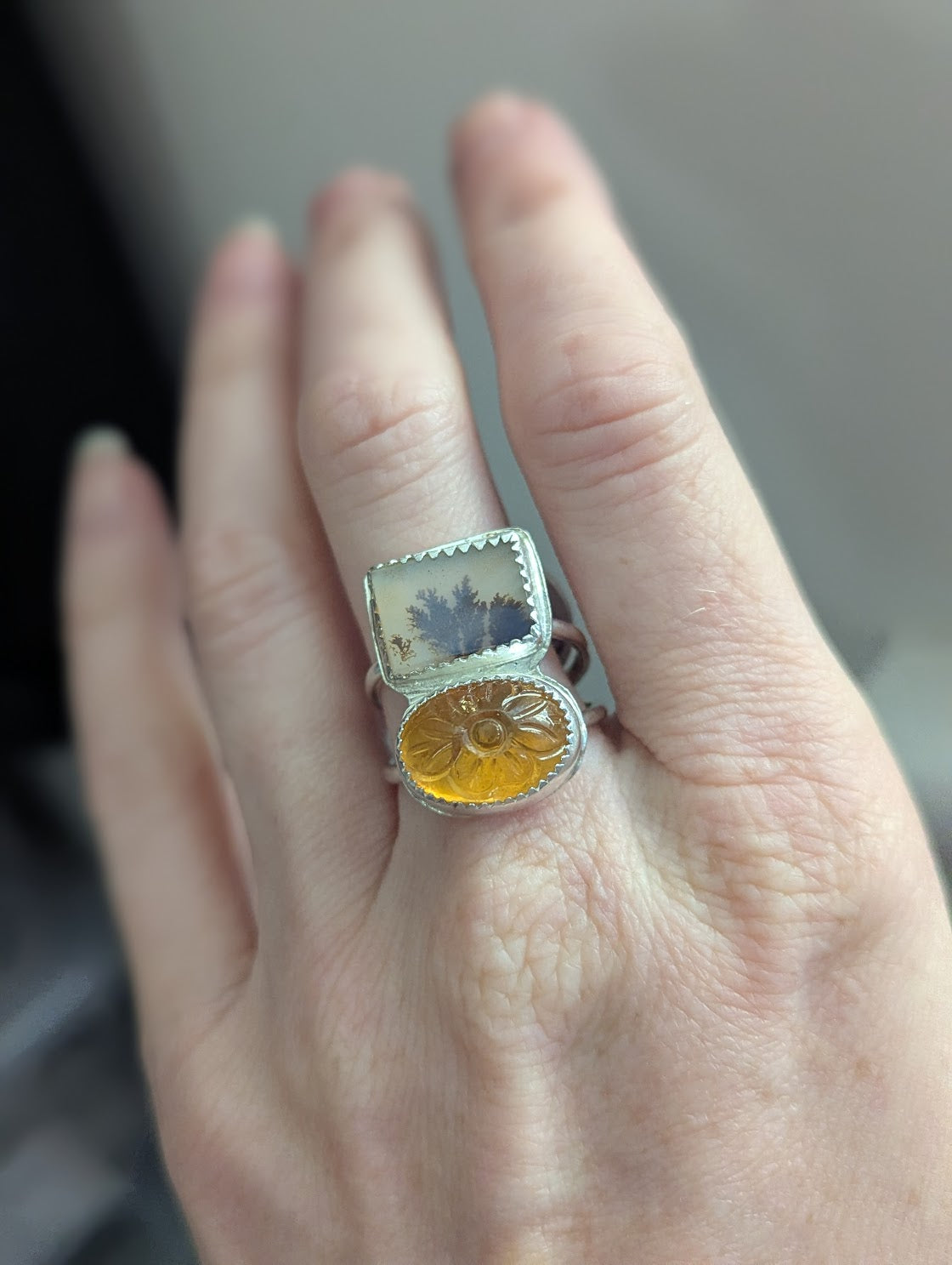 Dendritic Agate and Carved Citrine Duo Sterling Silver - Size 8.5