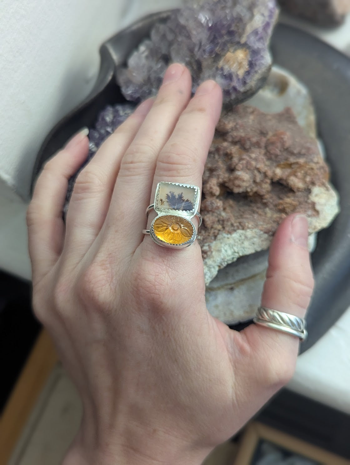 Dendritic Agate and Carved Citrine Duo Sterling Silver - Size 8.5