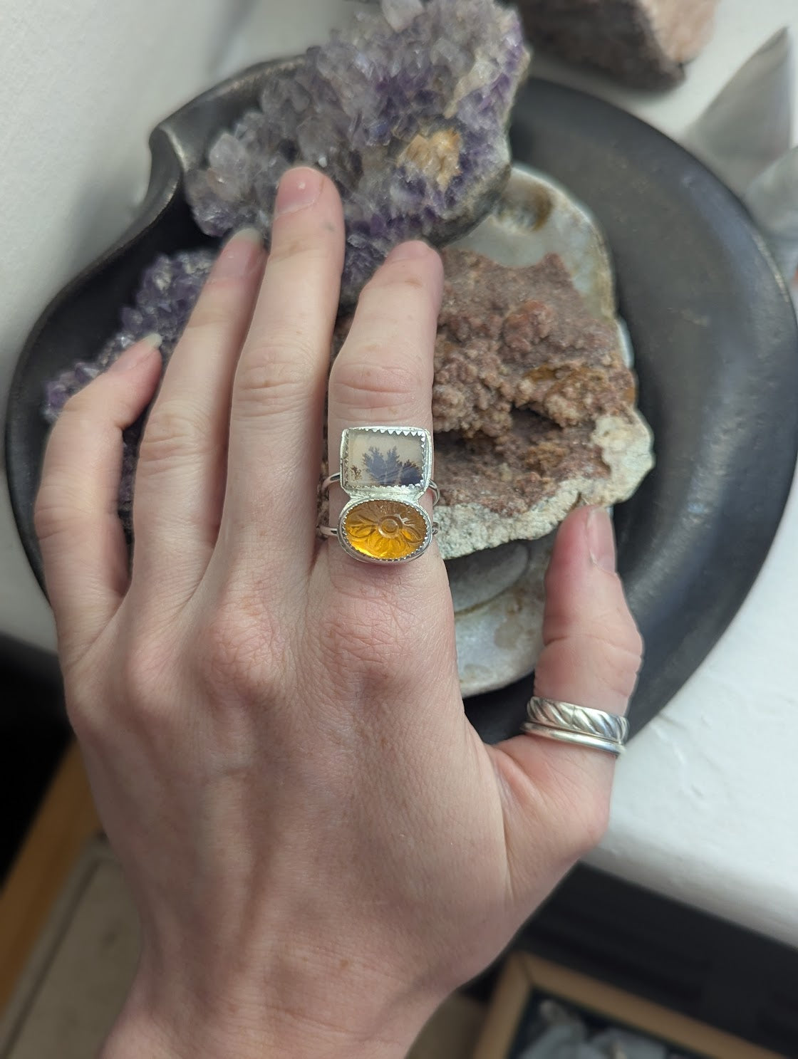 Dendritic Agate and Carved Citrine Duo Sterling Silver - Size 8.5