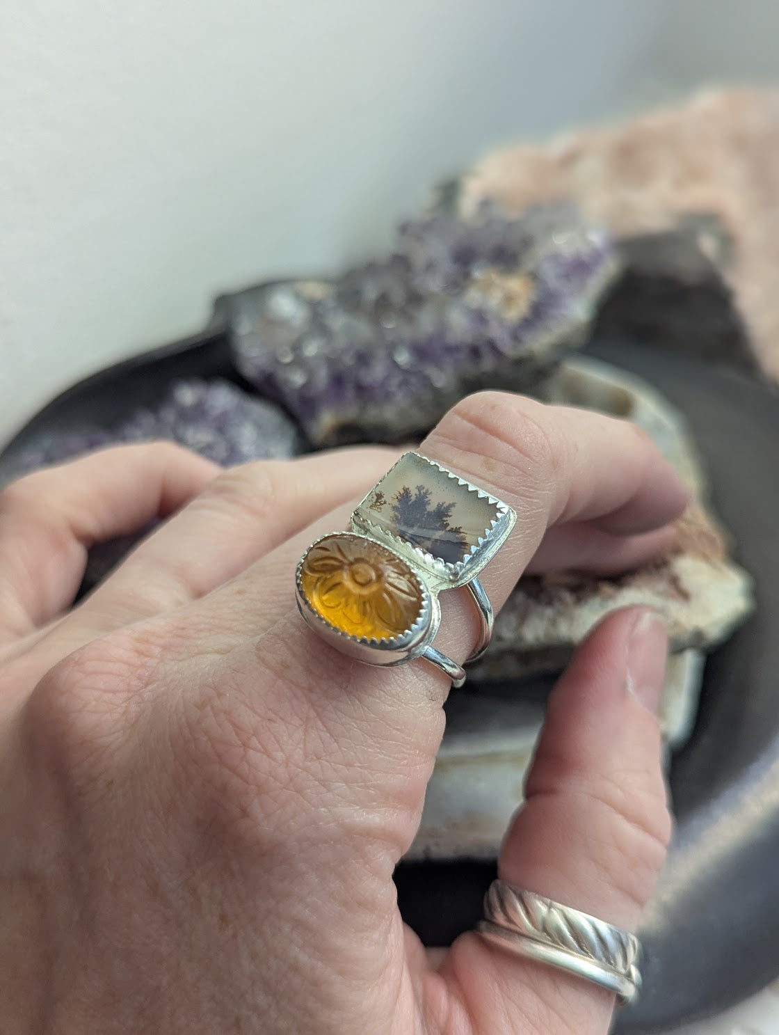 Dendritic Agate and Carved Citrine Duo Sterling Silver - Size 8.5