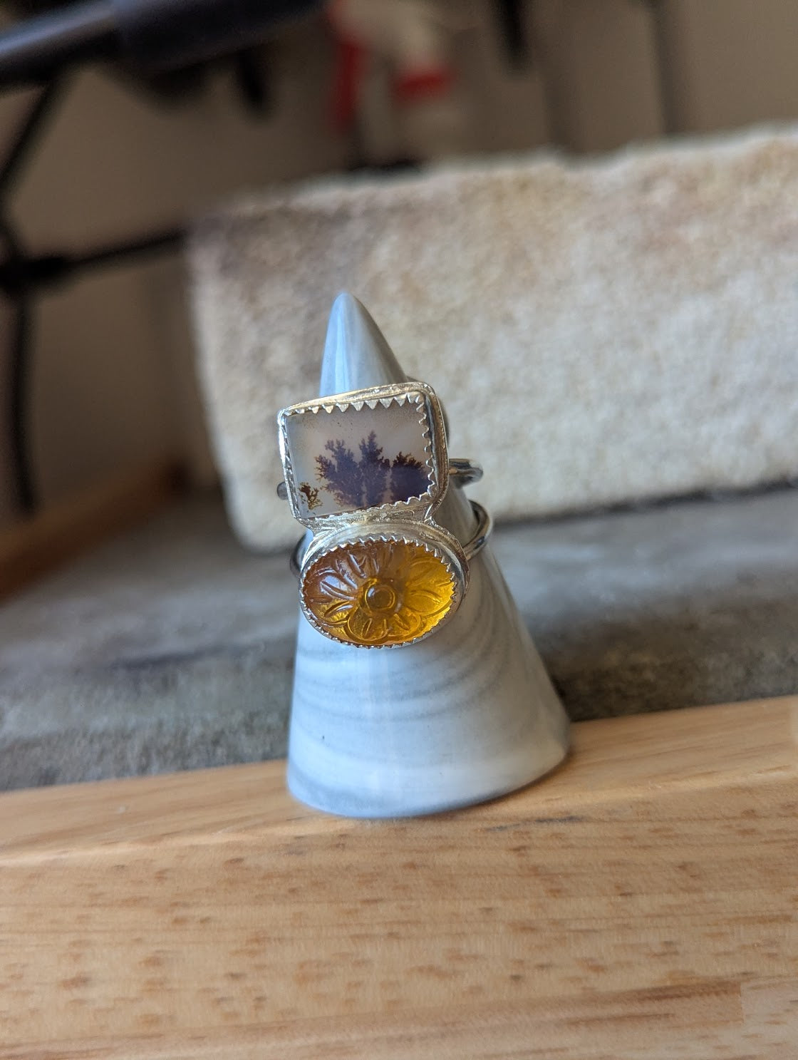 Dendritic Agate and Carved Citrine Duo Sterling Silver - Size 8.5