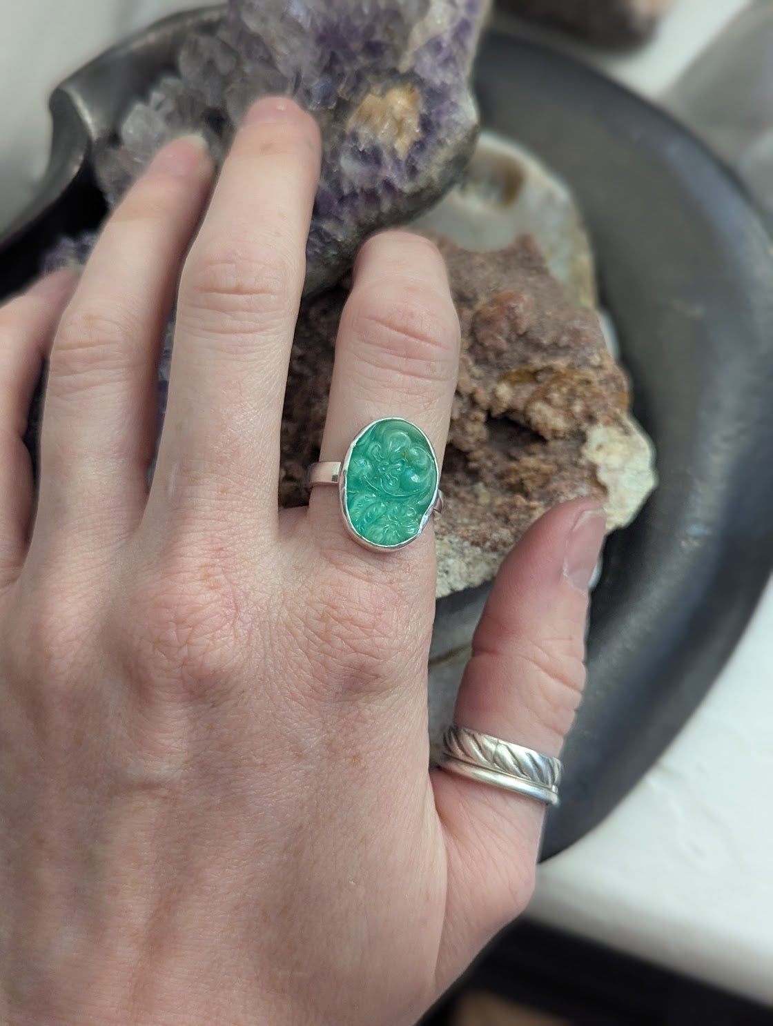 Carved Vintage Art Deco Green Glass Sterling Ring - Size 8